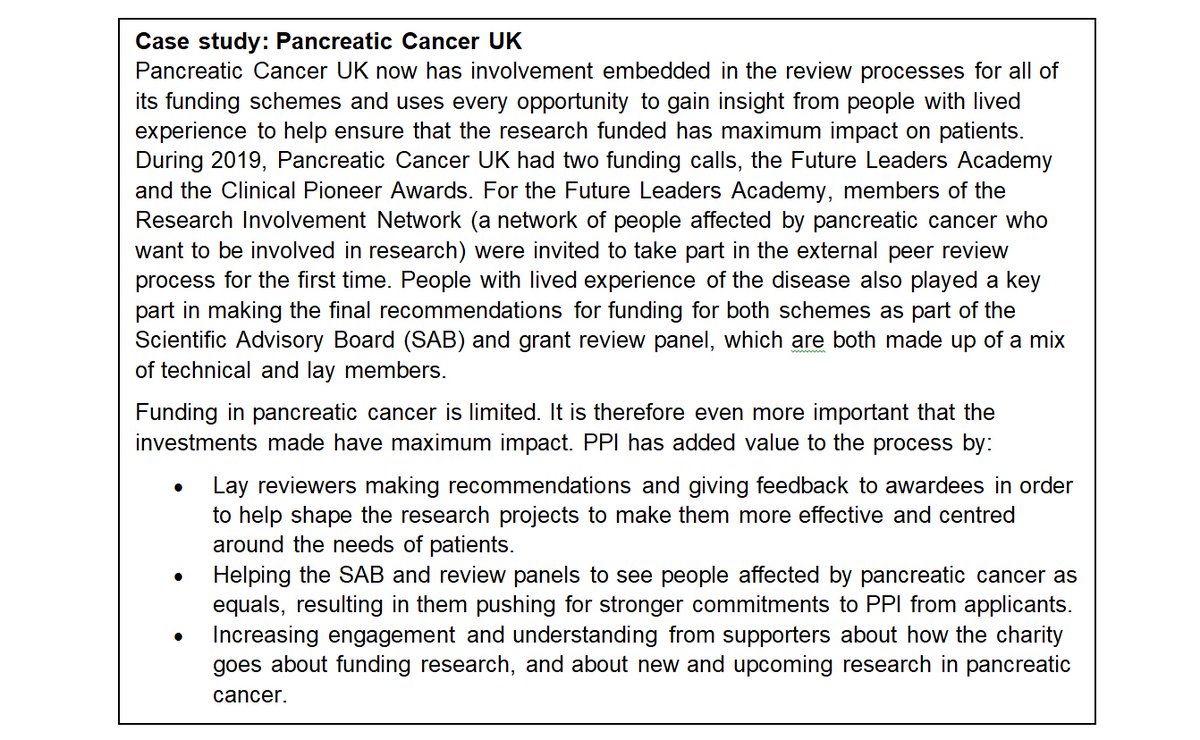 Many charities have  #PPI in funding decisions.  #Involvement ensures more relevant decisions are made. It ensures that the  #research funded is what is important to patients. (3/12) @AMRC  @PancreaticCanUK  @ChrisMResearch