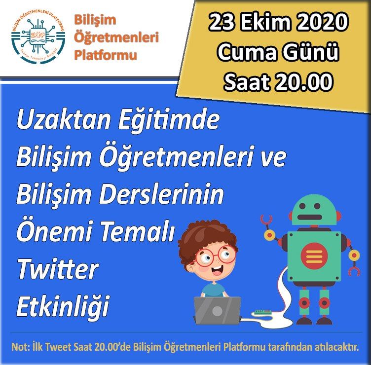 DUYURU- BİLİŞİM TEKNOLOJİLERİ HASHTAG ETKİNLİĞİ
--
16 Ekim Cuma günü alanımızın taleplerini içeren bir etikete twitler atmak üzere yine toplanıyoruz. 
Büyük katılım sağlamak için bu GÖNDERİYİ RT BEĞENİ yaparak YORUM kısmına belirtelim.. Sayımız çok olsun ki ses getirsin.
->>>> +1