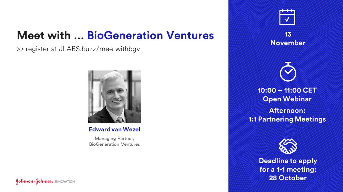 JNJInnovation's tweet photo. Apply for a one-on-one meeting with #BioGeneration #Ventures to see how you might collaborate to accelerate your innovation. Join @JLABS on 13 November through https://t.co/3oXD3ceNGA https://t.co/8XRTupOJ7b