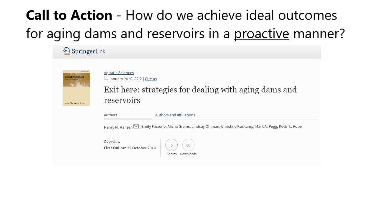 New dams are being constructed throughout the world and will inevitably face the consequences of aging. How do we achieve ideal outcomes for aging dams and reservoirs in a proactive manner? Read the article for our take on the issue -  https://link.springer.com/article/10.1007/s00027-019-0679-3 10/10  #HydroFish2020