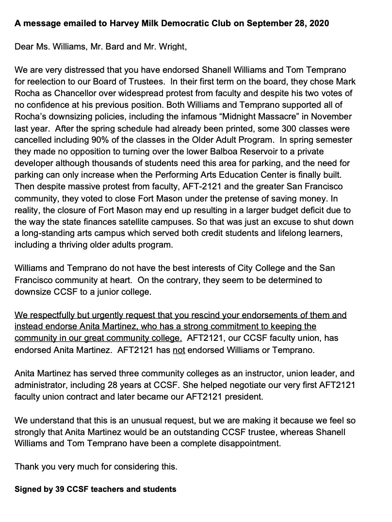 CCSFStudentsays's tweet photo. A message emailed to the @harveymilkclub on September 28, 2020 signed by 39 #CCSF students/teachers asking club leadership to rescind their endorsements for the incumbents they endorsed for City College Board.

#ShanellWilliams #TomTemprano hurt CCSF. 

Please read 👇 #SF #vote https://t.co/NhAveedme6
