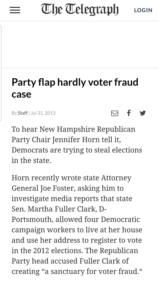 Jennifer Horn has kept a lower profile, but she notoriously peddled lies and smears about Democratic voter fraud as the New Hampshire GOP chairwoman in 2013. https://www.nashuatelegraph.com/opinion/editorials/2013/07/31/party-flap-hardly-voter-fraud-case/