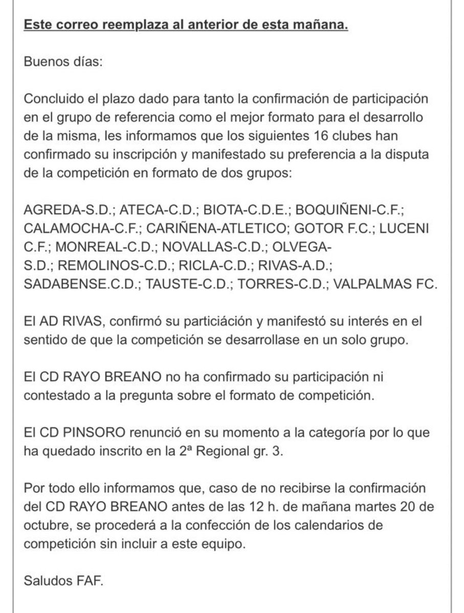 📯 OFICIAL. 

Correo enviado desde Federación a los clubes de Primera Regional. 

La <a href="/AAdrivas/">A.D.RIVAS</a> es el único equipo que ha votado en contra de la creación de dos grupos. 

El resto, a favor de dividir la competición. El Rayo Breano NO ha sido inscrito de momento.