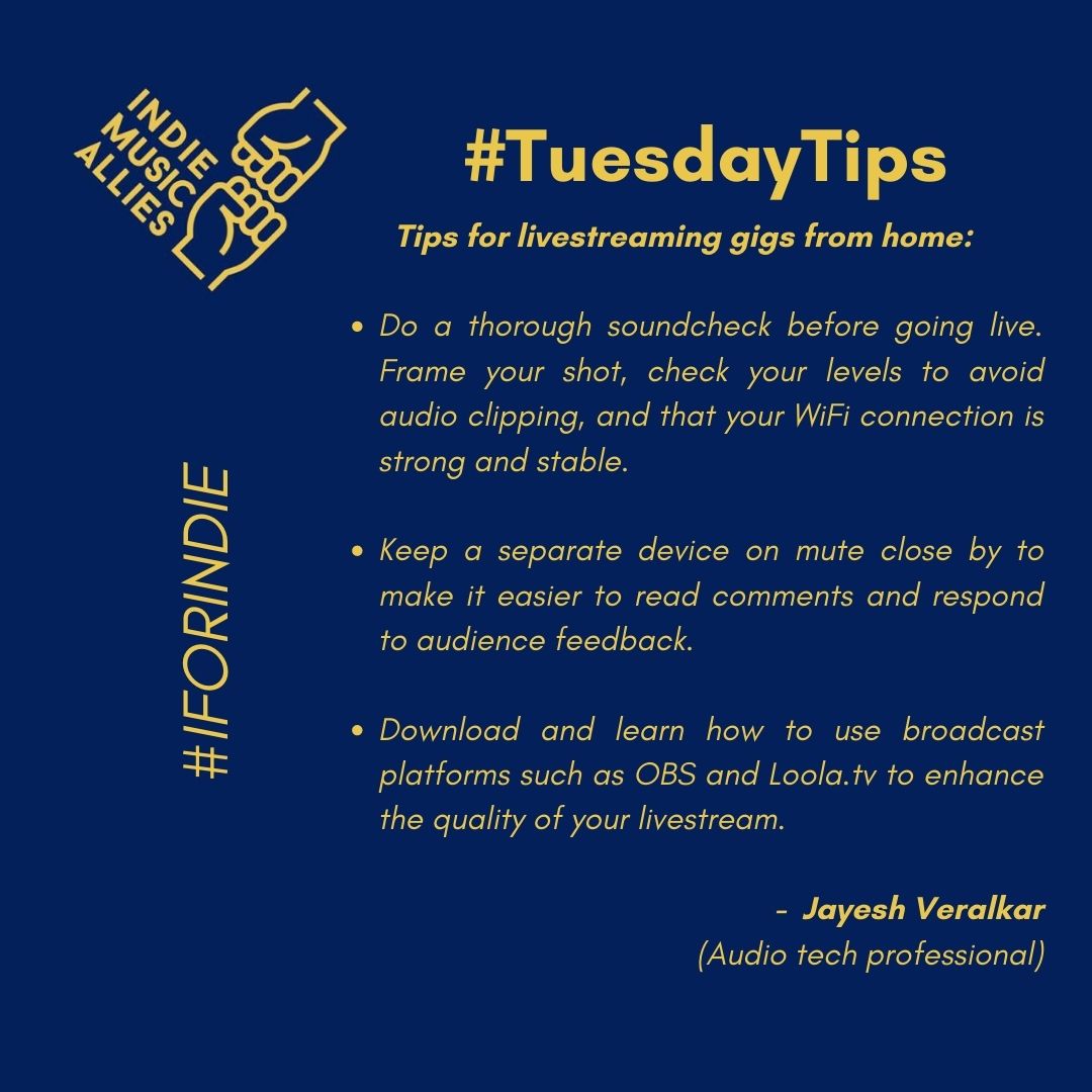 Here's our serving of this week's #TuesdayTips from <a href="/jayeshveralkar/">Jayesh Veralkar</a>  on live streaming gigs 🎧🎶▶️
#iforindie