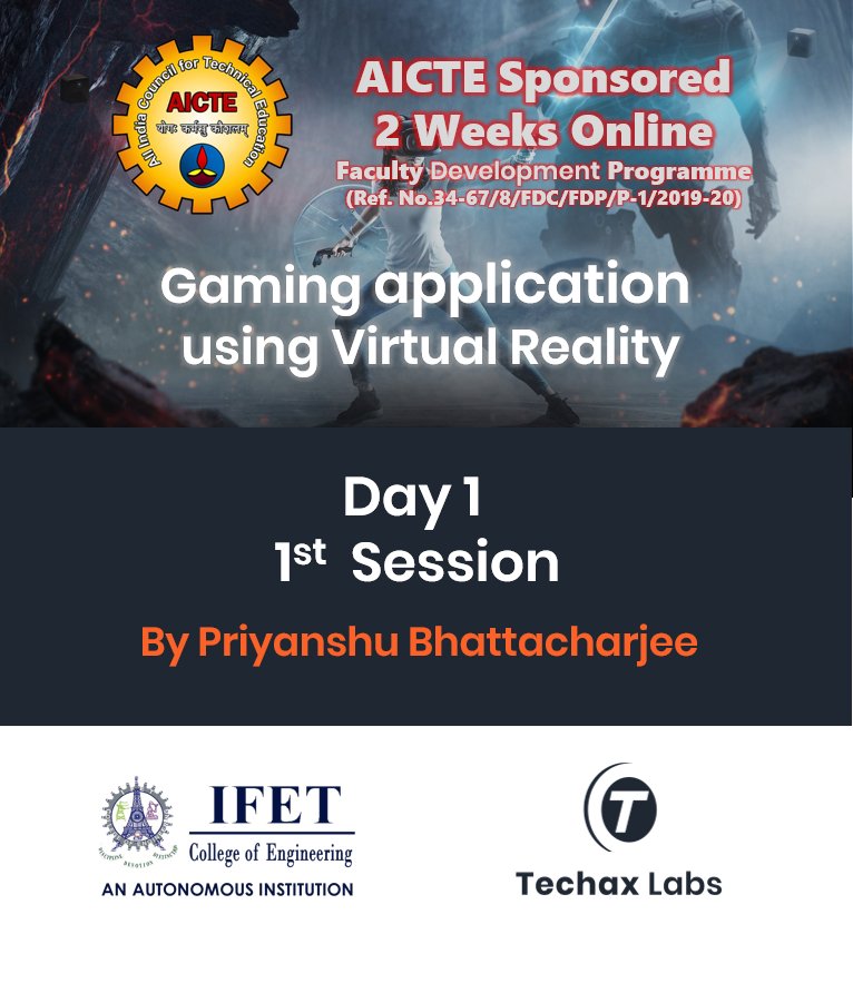 TechaxLabs's tweet image. Day 1 1st Session 1st part
AICTE Sponsored 2weeks online faculty Development Programme
Gaming application using Virtual Reality 
at IFET college of Engineering 
#techaxlabs #gameApplications #VirtualReality @AICTE_INDIA #DEVCommunity @TechaxLabs