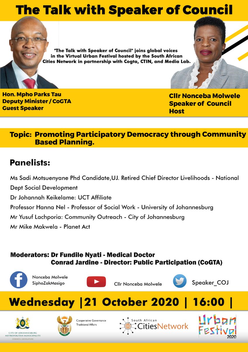 CityofJoburgZA's tweet photo. Join the Speaker of Council @Speaker_CoJ tomorrow for an engagement with @GDCoGTA Deputy Minister @TauParks unpacking  the topic "Promoting participatory democracy through Community Based Planning". #WeServeJoburg ^PS https://t.co/DujvKUZZCi