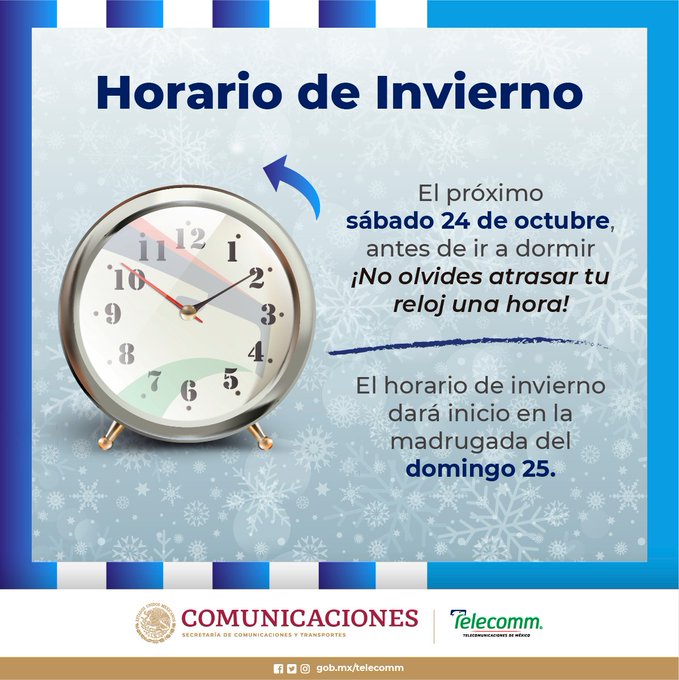 889Noticias's tweet photo. #NoLoOlvides  

El domingo 25 de octubre inicia el #HorarioDeInvierno, el cual terminará hasta el 4 de abril del 2021.

El sábado antes de ir a dormir no olvides atrasar una hora tu reloj. oh https://t.co/pRgtm602nV