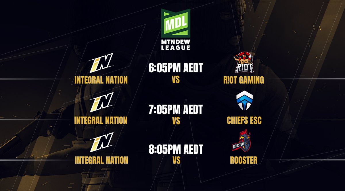 IntegralNation's tweet image. Huge night of matches for the boys, as they play out their last 3 remaining games of the #MDL League season!

18:05PM AEDT 🆚 @RIOTGamingGG 
19:05PM AEDT 🆚 @ChiefsESC 
20:05PM AEDT 🆚 @RoosterCS 

🔴 twitch.tv/jay_tb 

Tune in and show your support for the team! #iNation