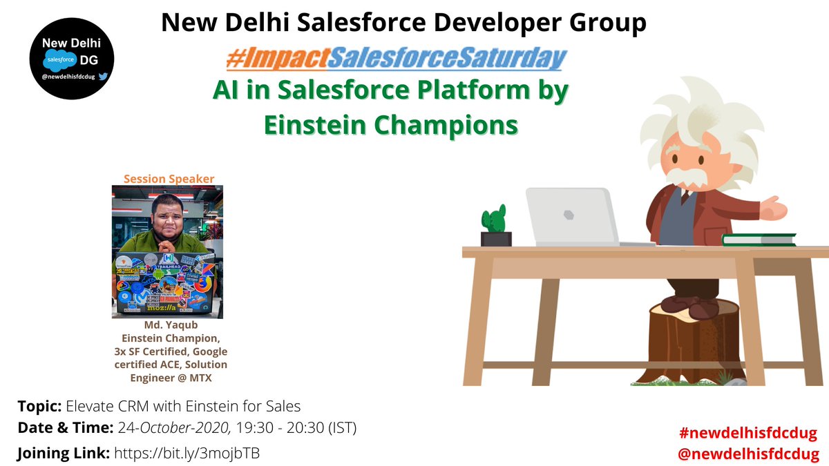 Join us in episode 5 of series ‘AI in Salesforce Platform by #EinsteinChampions’  #ImpactSalesforceSaturday

Topic- ‘Elevate CRM with Einstein for Sales’ by 
<a href="/ThisIsMdYaqub/">Md Yaqub</a>

👉 pst.cr/Jfn2n

Win #2Certification vouchers!
#EinsteinMoments

CC: <a href="/atul31gupta/">Atul Gupta</a> @saagar_kinja