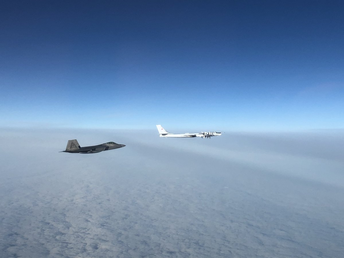 North American Aerospace Defense Command F-22 fighter aircraft, supported by E-3 airborne warning and control system and KC-135 refueler aircraft, intercepted two Russian Tu-95 bombers escorted by two Su-35 fighter aircraft late Monday evening. #WeHaveTheWatch @usairforce