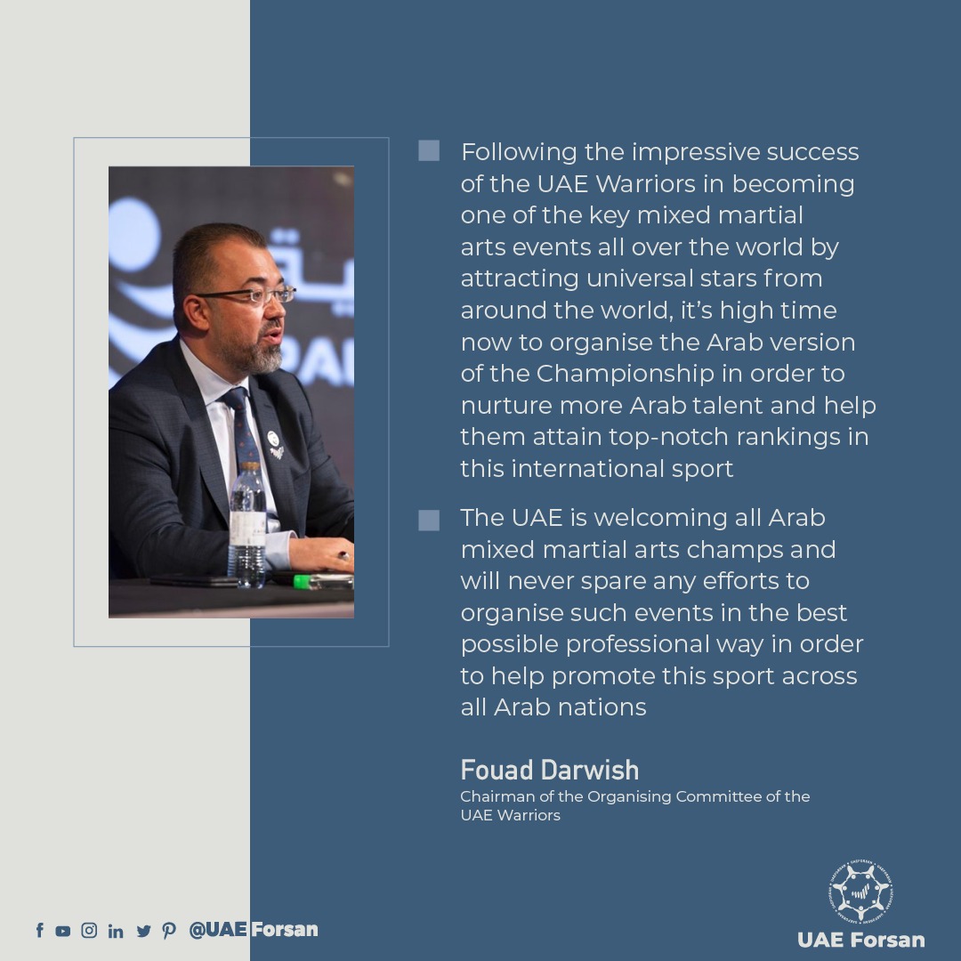 Fouad Darwish, Chairman of the Organising Committee of the @uae_warriors : The #UAE is welcoming all Arab #MixedMartialArt champs and will never spare any efforts to organise such events in the best possible professional way
#UAEWarriors #InAbuDhabi #Boxing #JiuJitsu #Sports https://t.co/ODxbEgmgcl