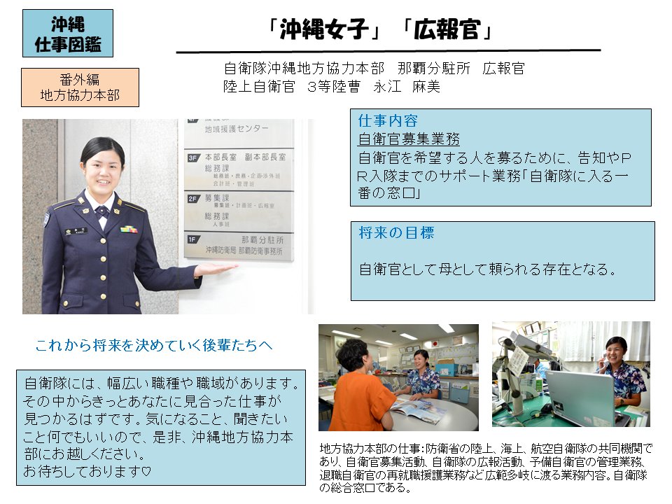 自衛隊沖縄地方協力本部 公式 沖縄にある陸 海 空自衛隊の職種や役割について紹介する 沖縄自衛隊仕事図鑑 今回は番外編です 自衛隊の総合窓口 沖縄地方協力本部 の仕事を紹介します 自衛隊沖縄地方協力本部 広報官 3等陸曹 永江 麻美 仕事 自衛隊沖縄地方協力本部 公式 沖縄にある陸 海 空自衛隊の職種や役割について紹介する 沖縄自衛隊仕事図鑑 今回は番外編です 自衛隊の総合窓口 沖縄地方協力本部 の仕事を紹介します 自衛隊沖縄地方協力本部 広報官 3等陸曹 永江 麻美 仕事