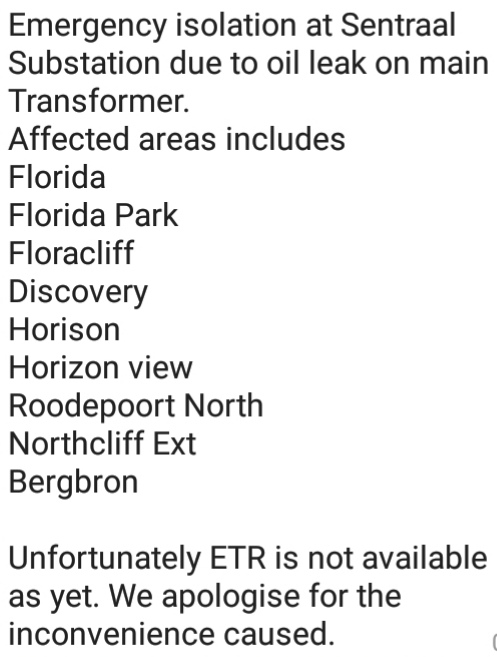 Citypowerjhb On Twitter Outageupdate Roodepoort Joburgservices Emergency Isolation At Sentraal Substation Due To Oil Leak On Main Transformer Hn Https T Co Rpk9plsoqz