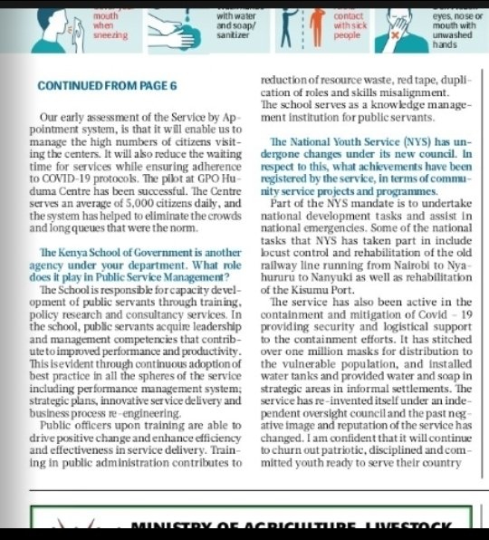 As we celebrate our heroes on this Mashujaa Day, read all about what the State Department for Public Service is doing to drive the socio-economic agenda of our country in today's <a href="/MyGovKe/">My Gov</a> newspaper.

online.fliphtml5.com/yvqhd/pgys/#p=6

<a href="/PSYGKenya/">Public Service and Human Capital Development</a> 
<a href="/HudumaKenya/">Huduma Kenya</a> 
<a href="/NYS_Ke/">NYS  Kenya</a> 
<a href="/KSGKenya/">Kenya School of Govt</a>