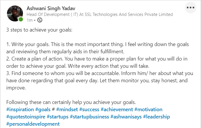 ssltspl's tweet photo. Want to achieve your goals? Read what our IT head says about it.

#inspiration #it #digitalmarketing #ssltspl #ssltsplindia #startups #ssltalks #humanresource #mindset #success #goals https://t.co/R7rc2UkZNd