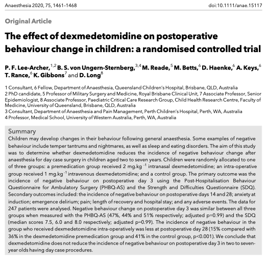 𝘈𝘯𝘢𝘦𝘴𝘵𝘩𝘦𝘴𝘪𝘢 (@anaes_journal) on Twitter photo 🔐The effect of dexmedetomidine on postoperative behaviour change in children: a randomised controlled trial.
This new RCT from <a href="/pleearcher/">Paul Lee-Archer</a> is now #FreeForADay to read and download!
🔗…-publications.onlinelibrary.wiley.com/doi/10.1111/an… 🔐The effect of dexmedetomidine on postoperative behaviour change in children: a randomised controlled trial.
This new RCT from <a href="/pleearcher/">Paul Lee-Archer</a> is now #FreeForADay to read and download!
🔗…-publications.onlinelibrary.wiley.com/doi/10.1111/an…