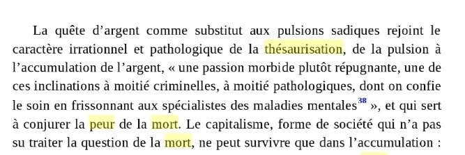 C'est à ce moment que la finance, dont le développement a été accéléré par la création de la Banque de France, entre en jeu, en permettant à ceux qui accumulent l'argent, de conjurer l'angoisse de la mort.