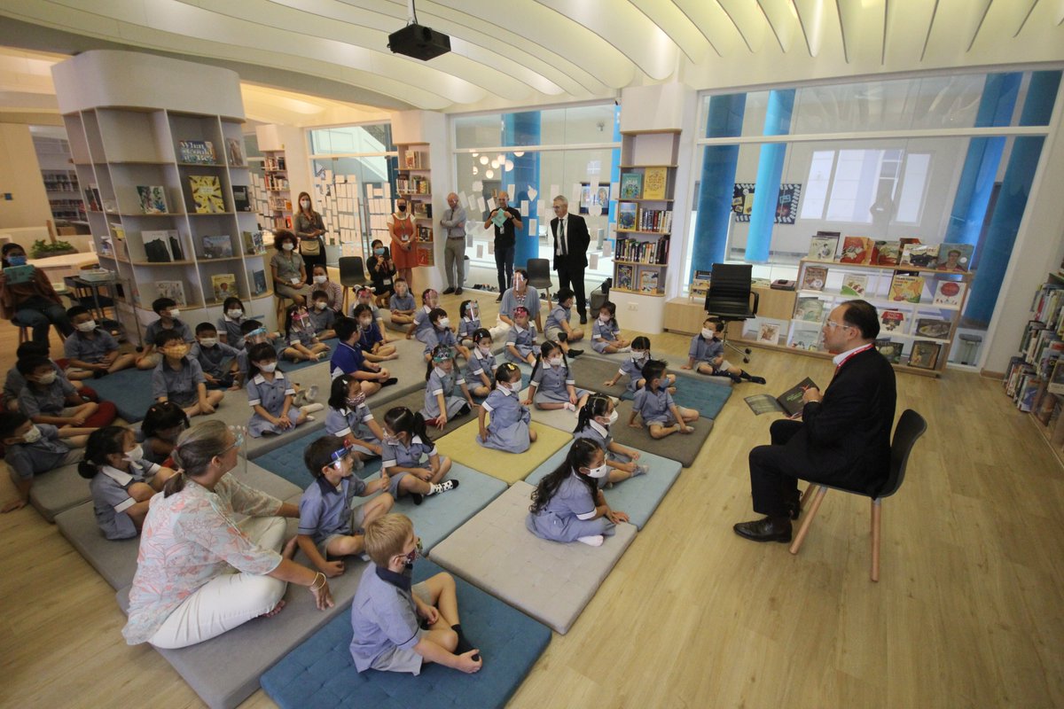 AISPPCambodia's tweet photo. Happy Children’s Book Council of Australia (CBCA) Book Week 2020! Curious, Creatures, Wild Minds! Our Foundation &amp; Year 1 students are thrilled to be starting the Book Week 2020 with the Australian Ambassador to Cambodia. #AISPP #CBCA2020 #BookWeek #IBSchool @TheCBCA https://t.co/8AcpkXmKuv