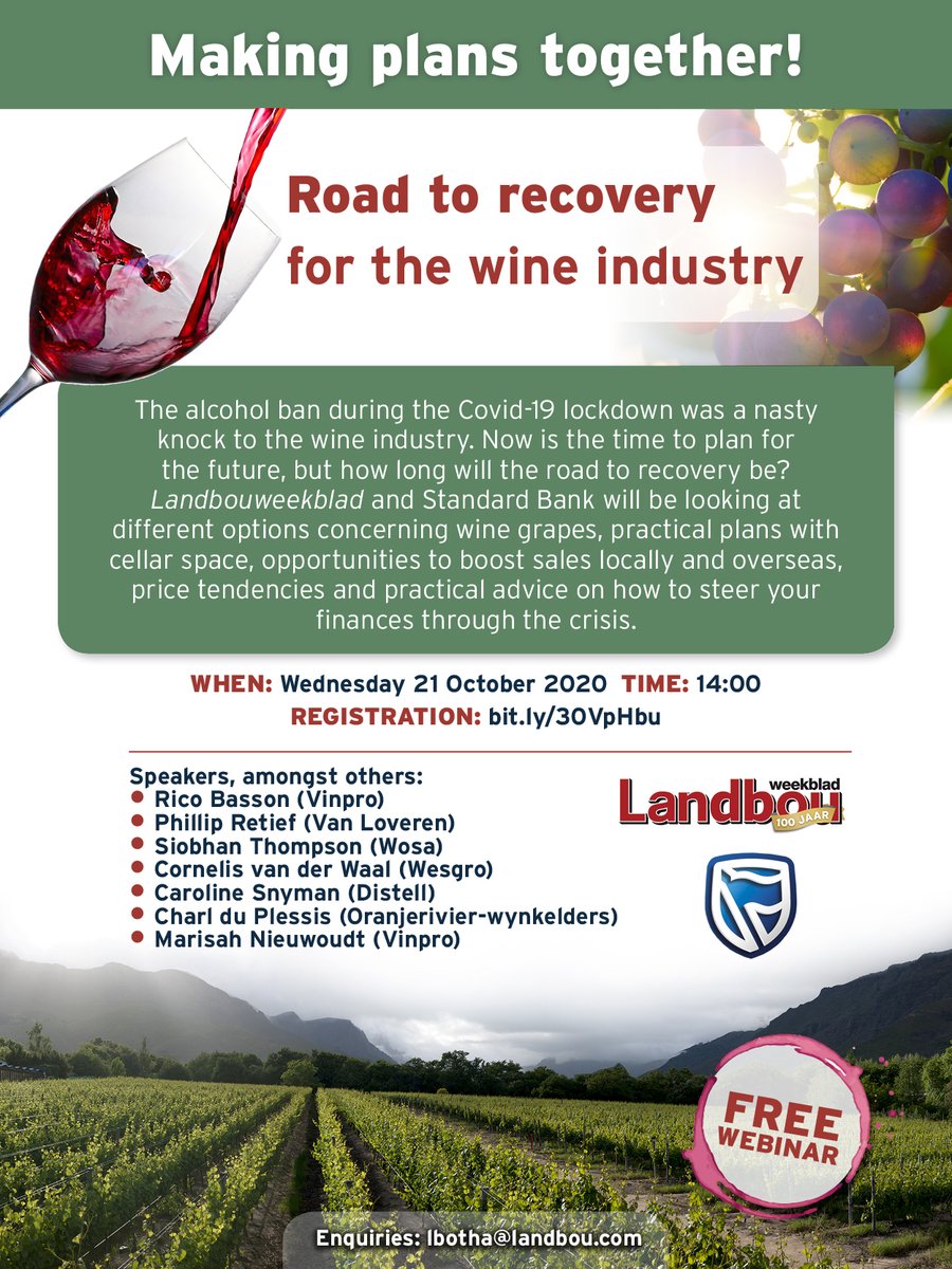The SA wine industry was dealt a severe blow due to #covid19SA, but now is the time to look at the future. Let's make plans together! Register for a free webinar at bit.ly/30VphHbu It's happening on 21 October, 14h00. Don't miss it!