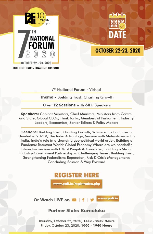 Public Affairs Forum of India (@pafiindia) on Twitter photo Register now for 2-day PAFI Virtual Forum with over 12 sessions and 60+ speakers from #Government, #Industry, #Media, #ThinkTanks and #Legislators, talking about “Building Trust & Charting Growth”. Link here:  pafi.in/registration.p… Register now for 2-day PAFI Virtual Forum with over 12 sessions and 60+ speakers from #Government, #Industry, #Media, #ThinkTanks and #Legislators, talking about “Building Trust & Charting Growth”. Link here:  pafi.in/registration.p…