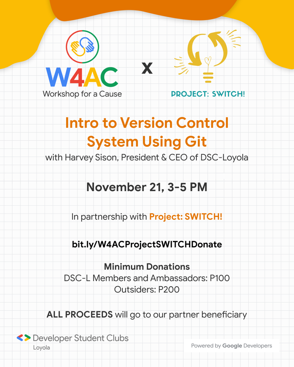 GDSCLoyola's tweet photo. DSC Loyola is reaching out to our community with, Workshops For A Cause!
Through minimum donations as an access pass to our various workshops, each participant not only learns something new, but also helps an advocacy in the process.
https://t.co/lcJ1TgXp7P
#SWITCHWithDSCL https://t.co/BOCEyTj2NZ