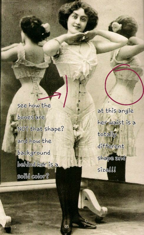 As for those SHOCKING images? Well...They're "photoshopped". They're painted over to make the waists look smaller and if you look closely, it's often very obvious: