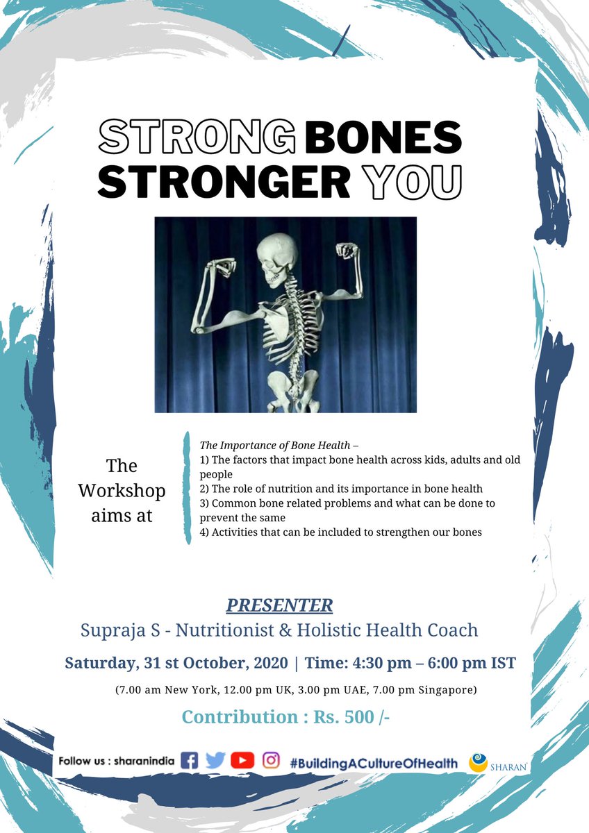 Today is World Osteoporosis Day!
Join me on 31st Oct 2020 to understand more about bone health!
To register
sharan-india.org/events/strong-…

#bonehealth #osteoporosis #arthritis #holistichealth #buildingacultureofhealth #sharanindia #workshop