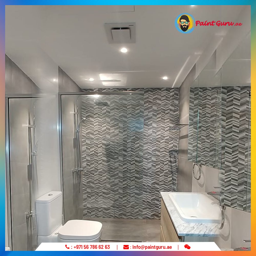 Check out our recent Master #BathroomRenovation work. Here we converted from Bathtub to a #standingshower with new vanity and custom #countertop and basin. Also, we have changed the ceiling with the exhaust. Call @paintguru_uae +971567866263 Visit paintguru.ae