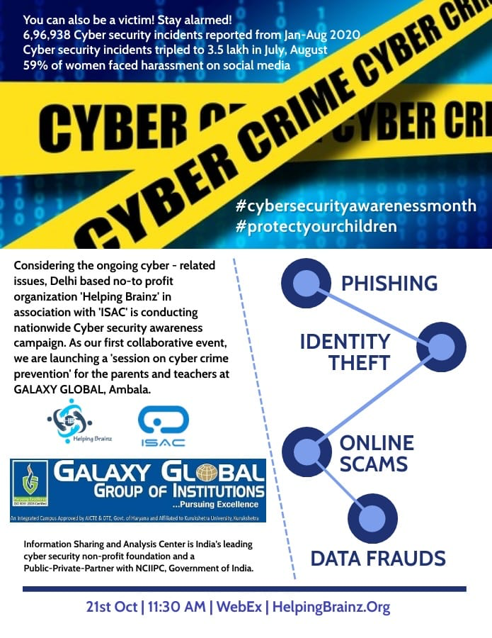 isacfoundation's tweet photo. ISAC is conducting #CyberSecurityAwareness program at 1130hrs on 21-10-2020 covering basic essentials in cyber Security in collaboration with #HelpingBrainz for #GalaxyGlobalGrooup of institutions @BrainzHelping https://t.co/z29lq57DMg