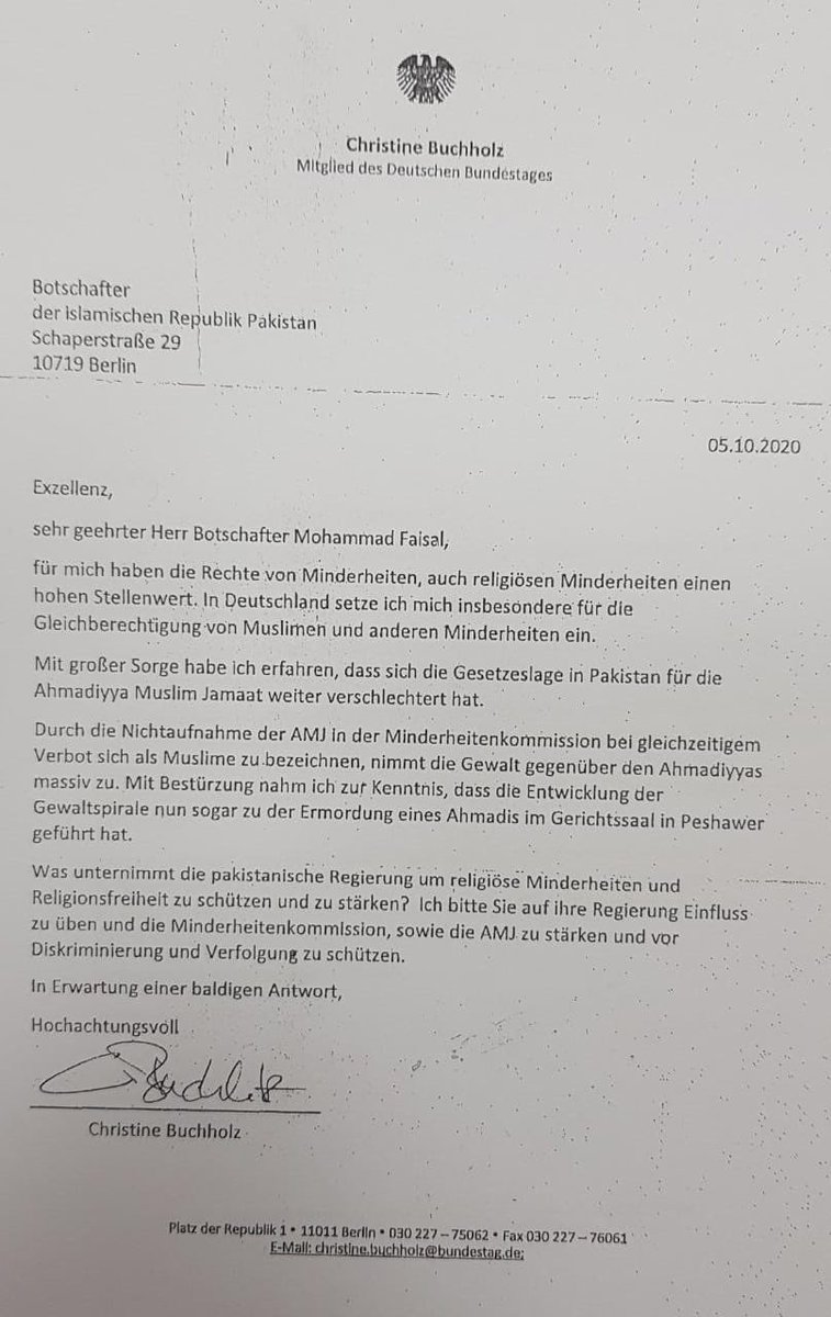German parliament member &amp; Human rights activist Christine Buchholz, wrote letter to Ambassador of Pakistan in Germany, expressing concern regarding condition of religious minorities in Pakistan,Peshawar incident &amp; criticizing them for their treatment towards Ahmadiyya community.