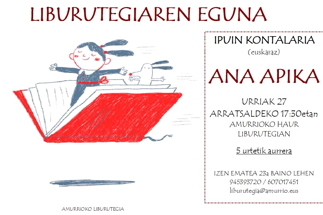 📚 Para celebrara el día de la biblioteca, la cuentacuentos Ana Apika estará en #Amurrio el 27 de octubre a las 17:30 horas.

👧🧒Dirigido a niños y niñas mayores de 5 años.

👉La inscripción podrá realizarse hasta el 23 de octubre.