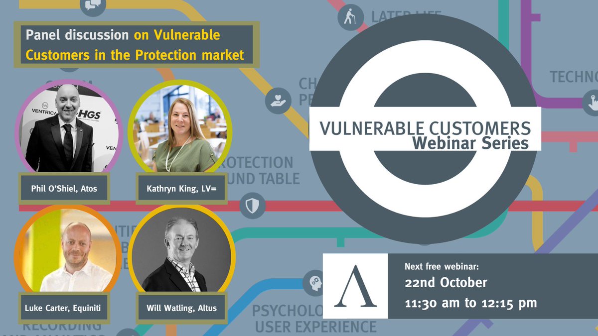AltusCons's tweet image. In this weeks #AltusVCWS a panel will cover #vulnerablecustomers in the Protection market
 @equiniti  a view from a Third Party Administrator managing multiple providers
 @lv Cust retention as part of Customer Admin
 @Atos  Claims in protection

Register loom.ly/2JSjyyA