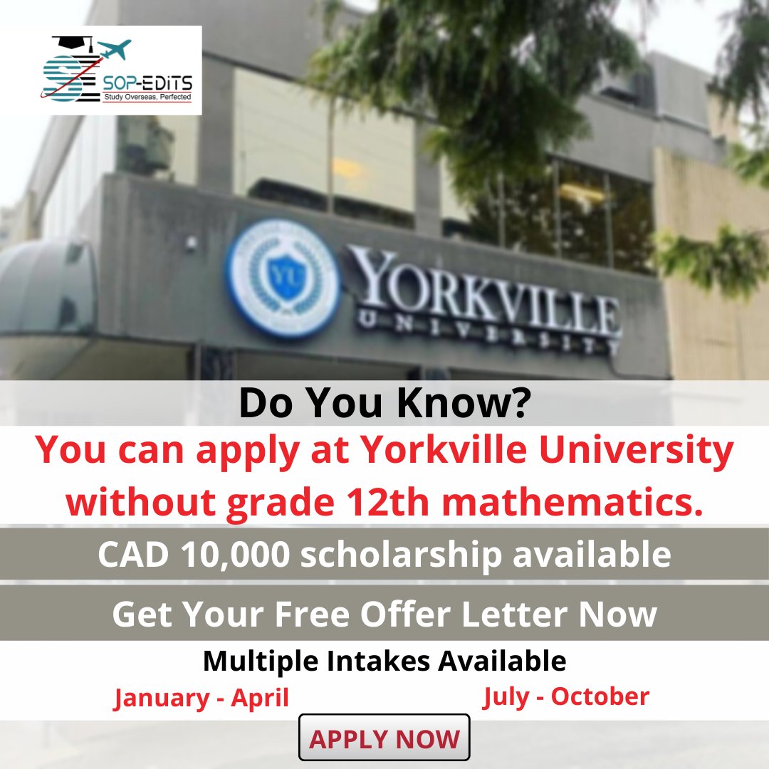 Limited Seats are available at #YorkvilleUniversity,# Canada.
Get your free offer letter now. You can apply at Yorkville University without grade 12th mathematics.

CAD 10,000 #scholarship available.

APPLY NOW.
Call us at 8290806541.