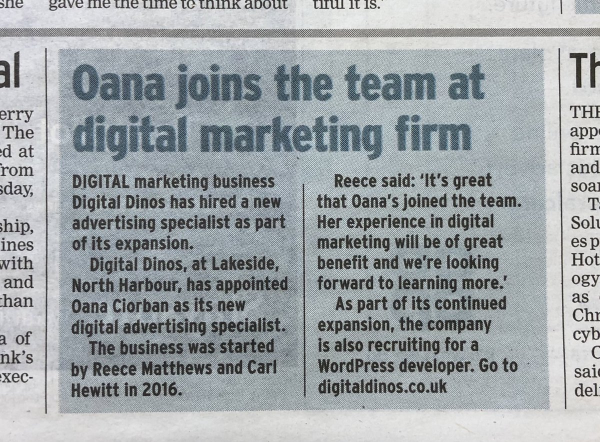 So exciting to see Oana in the <a href="/portsmouthnews/">The News, Portsmouth</a> for joining the Dinos team! Welcome aboard Oana 🎊🥳