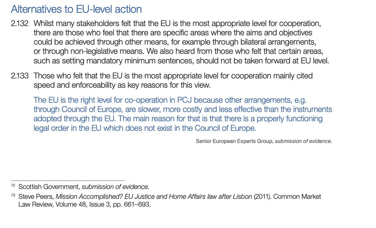 Security: After the Gove answer to May in Parliament yesterday, citing better mechanisms to cooperate with the EU (without naming them), this section is worth a read. In short, the alternatives are not much good. ( @StevePeers gets a mention too!) /10  https://assets.publishing.service.gov.uk/government/uploads/system/uploads/attachment_data/file/388645/PCJBoCreport.pdf