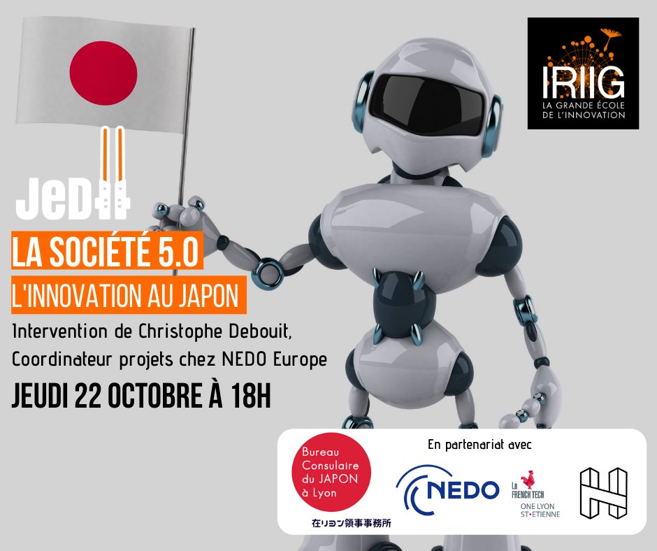 Le 22/10 à 18h,  IRIIG organise un nouveau #JeDII ! Au programme de cette #webconférence : la culture et les politiques d’#innovation au #Japon, en compagnie de Christophe Debouit, Coordinateur de Projets chez <a href="/nedo_info/">NEDO 新エネルギー・産業技術総合開発機構</a>. 🇯🇵

Inscription sur : hubs.li/H0ybT130

#WeAreIRIIG