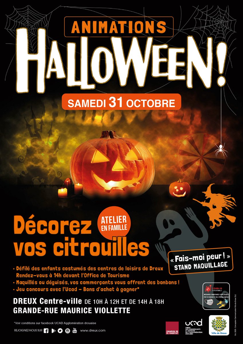 dreuxofficiel's tweet photo. Décoration de citrouille, stand maquillage, défilé ... passez un excellent moment en famille pour Halloween, le samedi 31 octobre en Grande Rue Maurice Viollette.
#Dreux #animatons #Halloween https://t.co/m95KPXwI8I