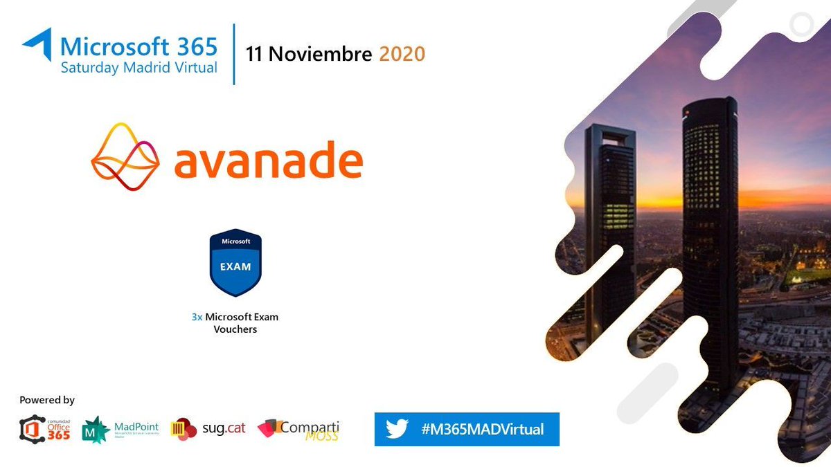 CollabDays_MAD's tweet photo. 🔊ESPONSOR🔊
Tenemos que agradecer a @AvanadeSpain que sea patrocinador este año del #M365MADVirtual y sus fantásticos 3 Microsoft Exam Voucher que van a regalar 👏👏👏👏 https://t.co/AMDYlChnFy