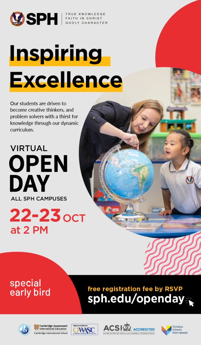 Meet our leaders, teachers, students, and alumni :
Thu, 22 Oct @ 2pm 
🏫 SPH Pluit Village
🏫 SPH Kemang Village
Fri, 23 Oct @ 2pm
🏫 SPH Lippo Village
🏫 SPH Lippo Cikarang
🏫 SPH Sentul City

👆🏻 Register for our open day at sph.edu/openday
Free registration fee by RSVP