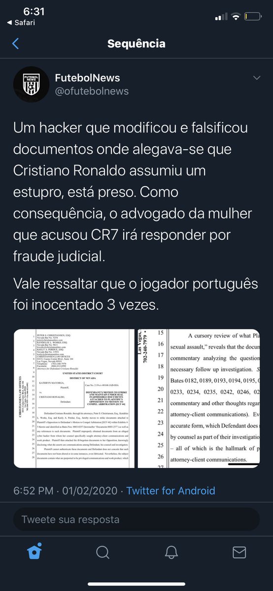 @LeandroRamos Robinho: condenado, tem áudios e mensagens, e o caso continua a tona.
CR7: nunca foi condenado, apenas acusado, não tem áudio, n tem mensagem, ele já foi inocentado 3 vezes. Bem igual em pqp. https://t.co/glNp6BYmX1