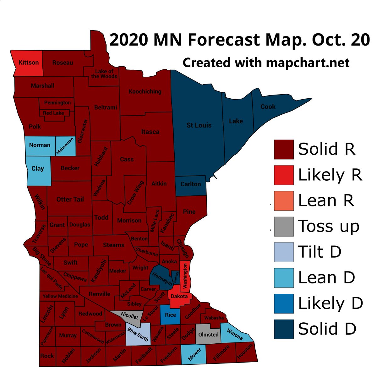 Minnesota Forecast Map. Oct.201. Ramsey/Hennepin/St. Louis/Carlton/Lake: Trending D2. Blue Earth/Clay/Mahomen/Winona/Mower/Norman/Rice: Trending D(DEM might flip)3. Dakota/Washington: Trending R(REP Might flip)4. Anoka/Carver/Scott/Sherburne/Stearns/Wright: Trending R more