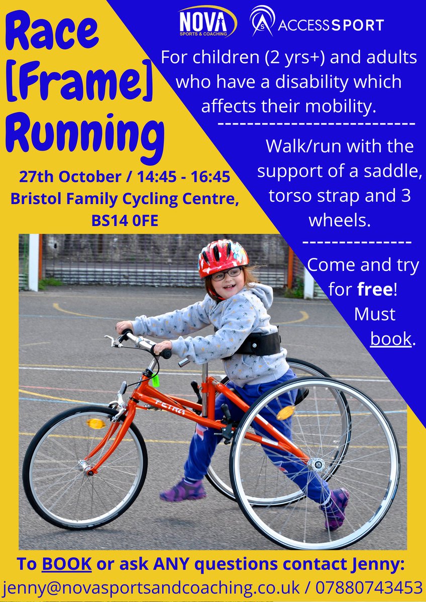 Race Frame Running starts on the 27th October for children and adults who have a disability which affects mobility! 

Its free to try but must be booked so get in touch with Jenny today 😃 <a href="/NovaSportsCoach/">Nova Sports & Coaching</a> <a href="/AccessSport/">Access Sport</a>