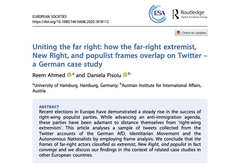 RAhmed105's tweet photo. New research article w/@DPisoiu in European Societies. Based on our @VOX_Pol Report published last year, we analysed Twitter data from 3 different groups within the German far-right scene and assessed to what extent their framing of issues overlap: https://t.co/5fwefZXdWm https://t.co/xFpdSm7puO