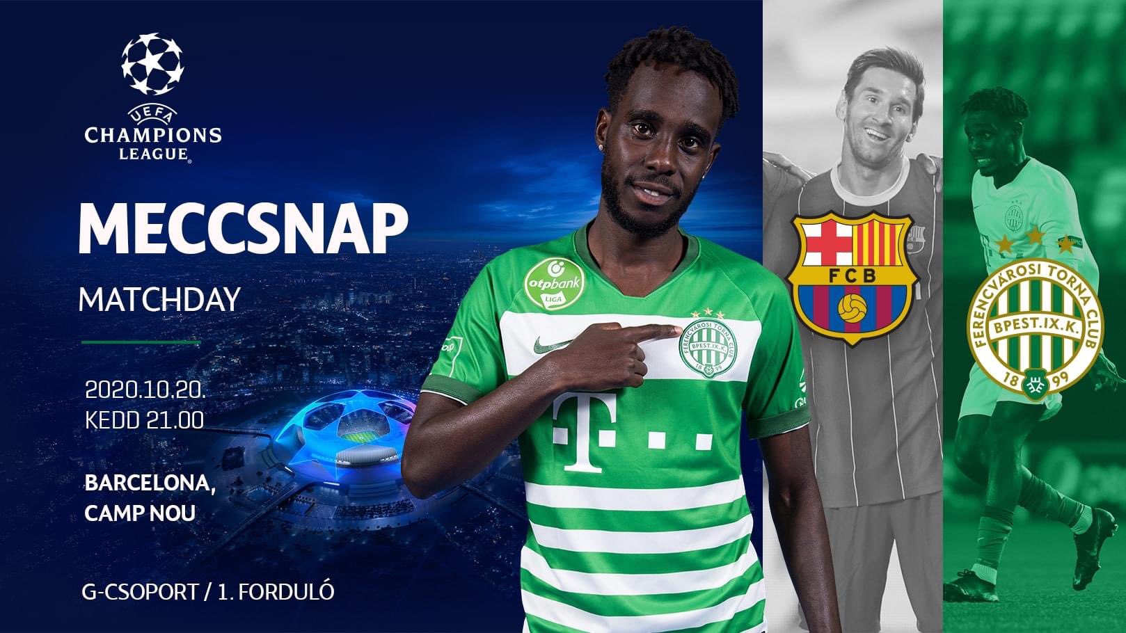 Ferencvárosi TC on X: ⚽️ It's MATCHDAY❗️ UEFA Champions League Barcelona 🆚 FTC ⏱ 21.00 🏟 Camp Nou 💚 Here we go again, back in the CL! 💚 #fradi #ftc #ferencvaros #UCL / X