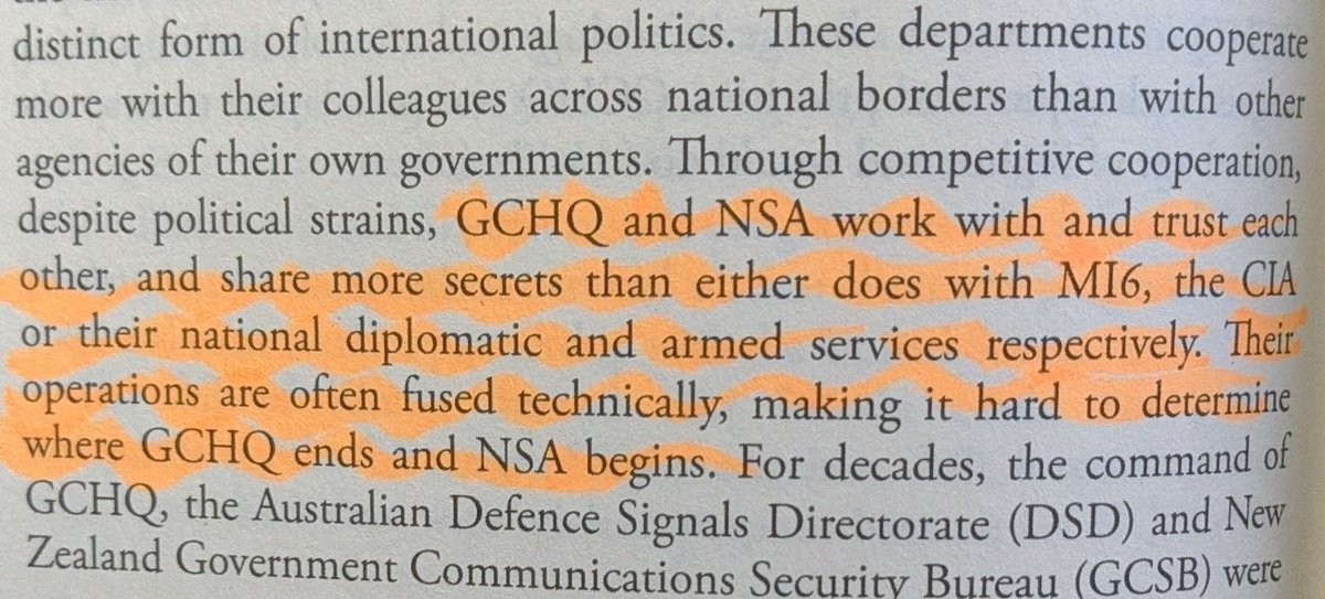 Some great details on UKUSA & Five Eyes. At one SIGINT conference between Australia, UK, Canada, UK and USA every attendee held a British passport. At another point, UK and US integrees to NSA and GCHQ respectively negotiated with each other "on behalf of their adopted services"