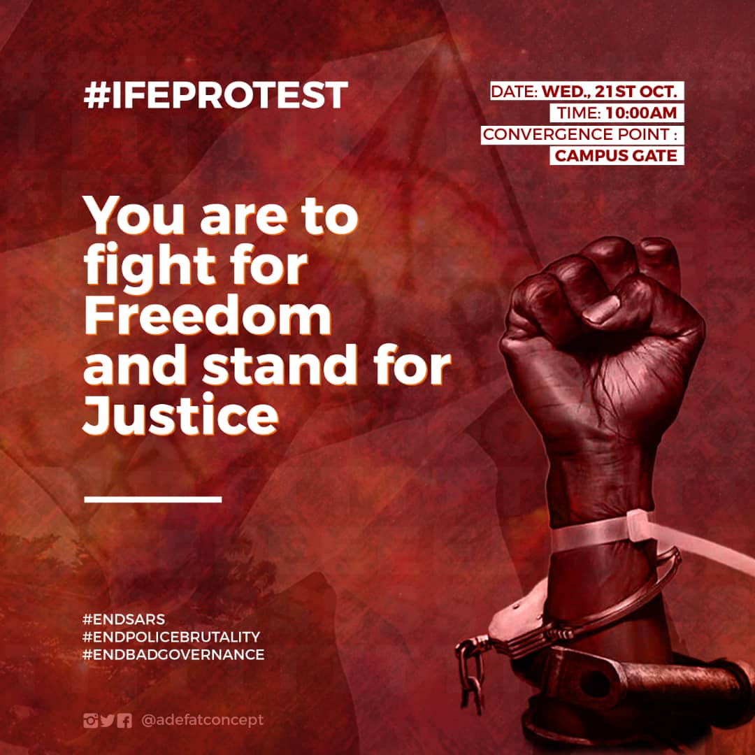 mclaffcfr's tweet photo. #GreatIfe, rest well today and come out massively tomorrow morning.
Rep this on your WhatsApp statuses and groups too. We shall overcome.
#IfeProtest #EndSARS #EndPoliceBrutality https://t.co/3qpwZ7D9tj