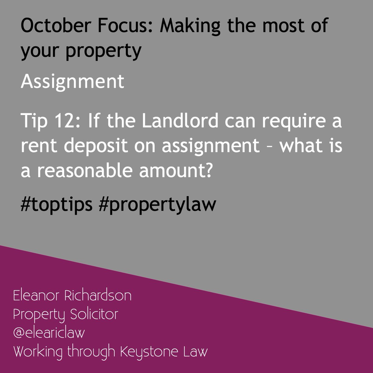 eleariclaw's tweet photo. Tip 12: If the Landlord can require a rent deposit on #assignment – what is a reasonable amount? To cover the rent, to cover rent and service charge, to cover dilapidations at the end of the term? #makingpropertywork #toptips #propertylaw #ukpropertylaw https://t.co/ikECnOQBy6