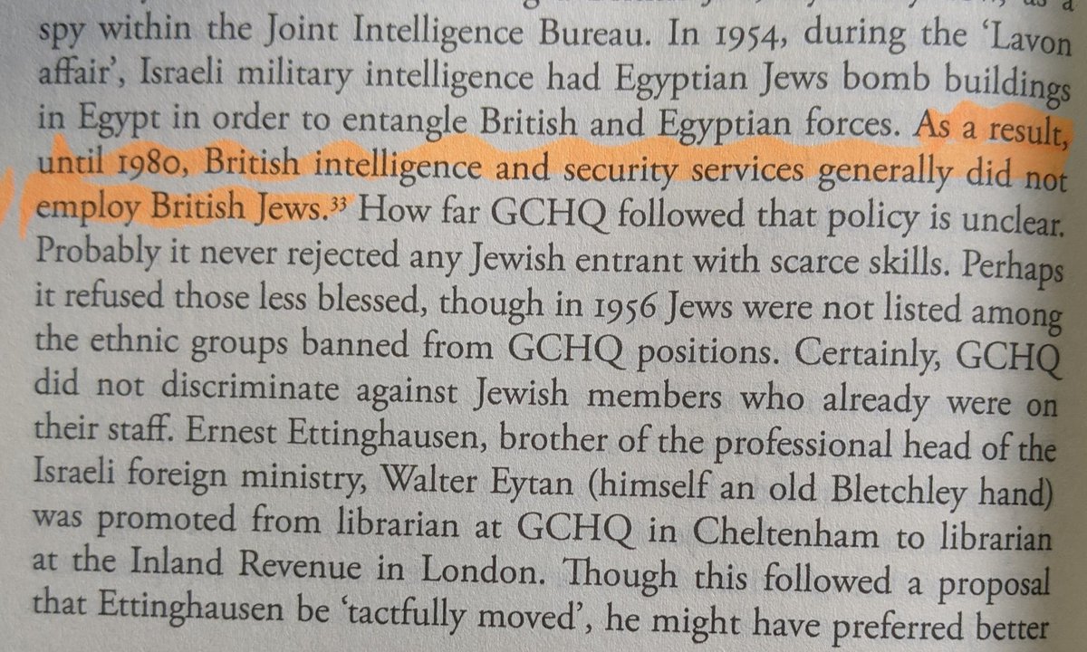 "Until 1980, British intelligence and security services generally did not employ British Jews" (though this wasn't enforced very vigorously). Also a "de facto colour bar".