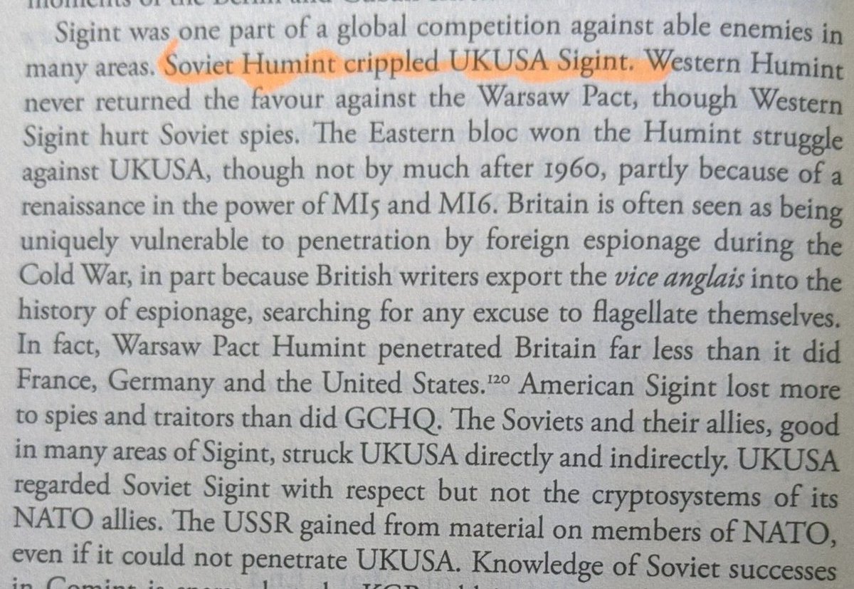 A key cold war conclusion. "Soviet Humint crippled UKUSA Sigint". But at the same time: "NATO wanted Soviet Sigint to be decent or good because that status helped to achieve it's strategic aim: deterrence". If you aren't planning to attack, you want the enemy to know that.