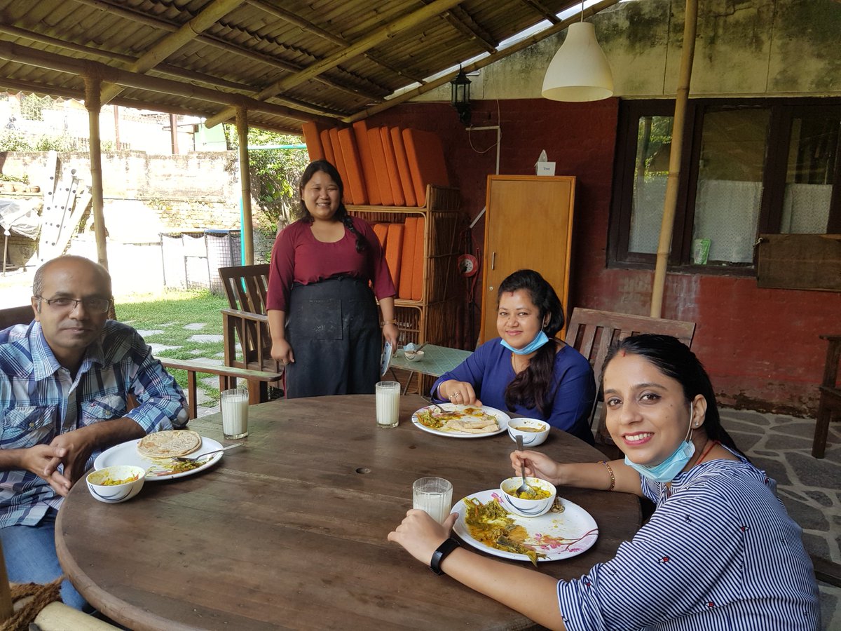 Finance staffs of SWN enjoy lunch at office cottage in Oct 2020. Cook Bina serves chapatti with Trout to Rama, Sabina and Asim. Shuva captured the joy of working in a small group as Dashain nears. Working with fun never ceases at SWN, even during current trying times!
